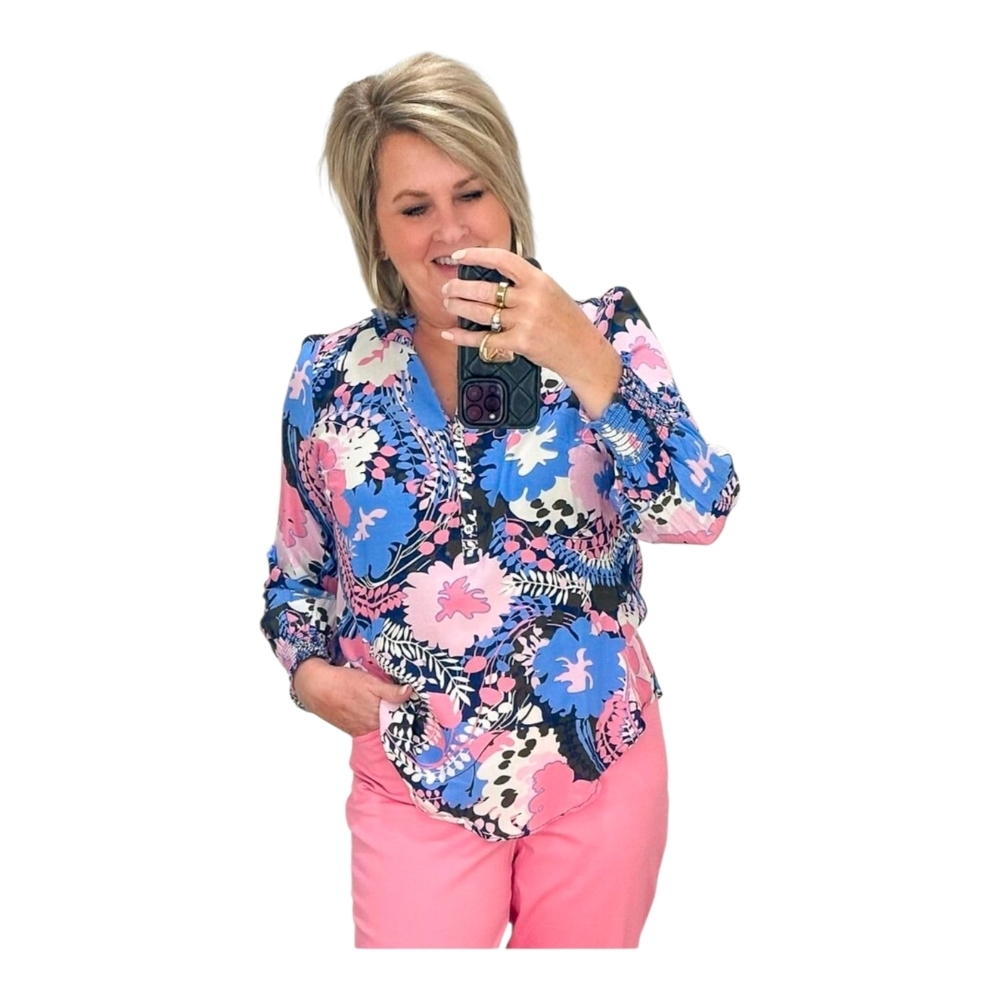 Talbots Blue and Pink Floral Blouse